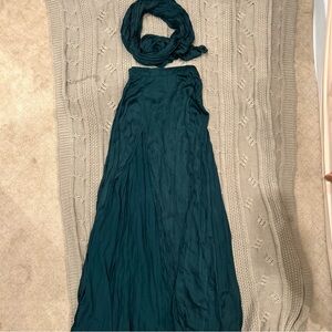 Amor Mia set by REVOLVE Teal Maxi Silk Skirt with matching scarf top